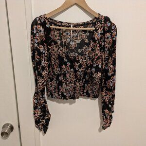 Free People Black Floral Ruched Sleeve Smocked Waist Blouse